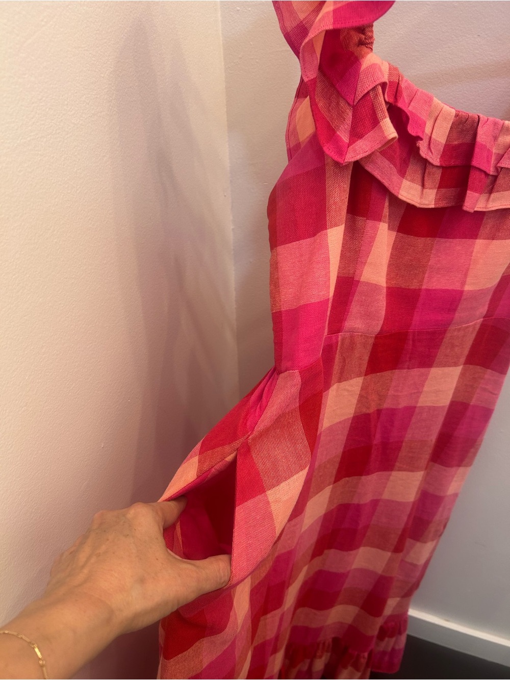 Kate Spade Ruffle-Trim Pink Plaid Midi Dress - Linen and Viscose with POCKETS - Picture 3 of 7